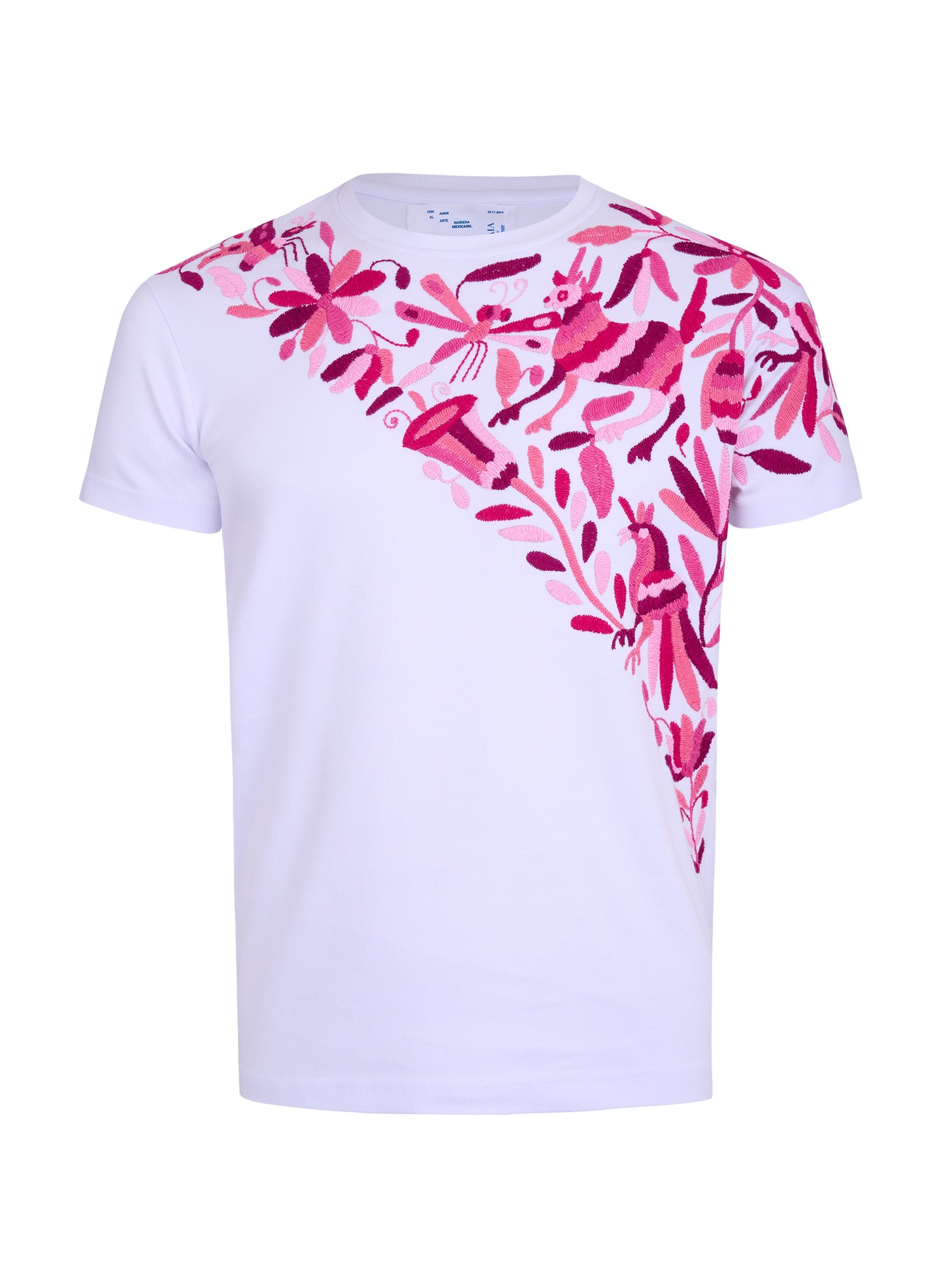 MAIA Blanca / Bordado Cruzado en Tonos Rojos y Rosas